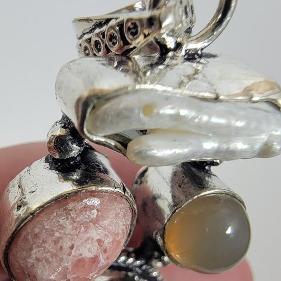Handmade Silver Pendant with Picasso Jasper, Moonstone, Druzy & Pearl Accents - Picture 8 of 10